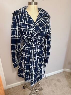 Merona Navy and White Patterned Long-Sleeve Tie-Waist Trench Coat